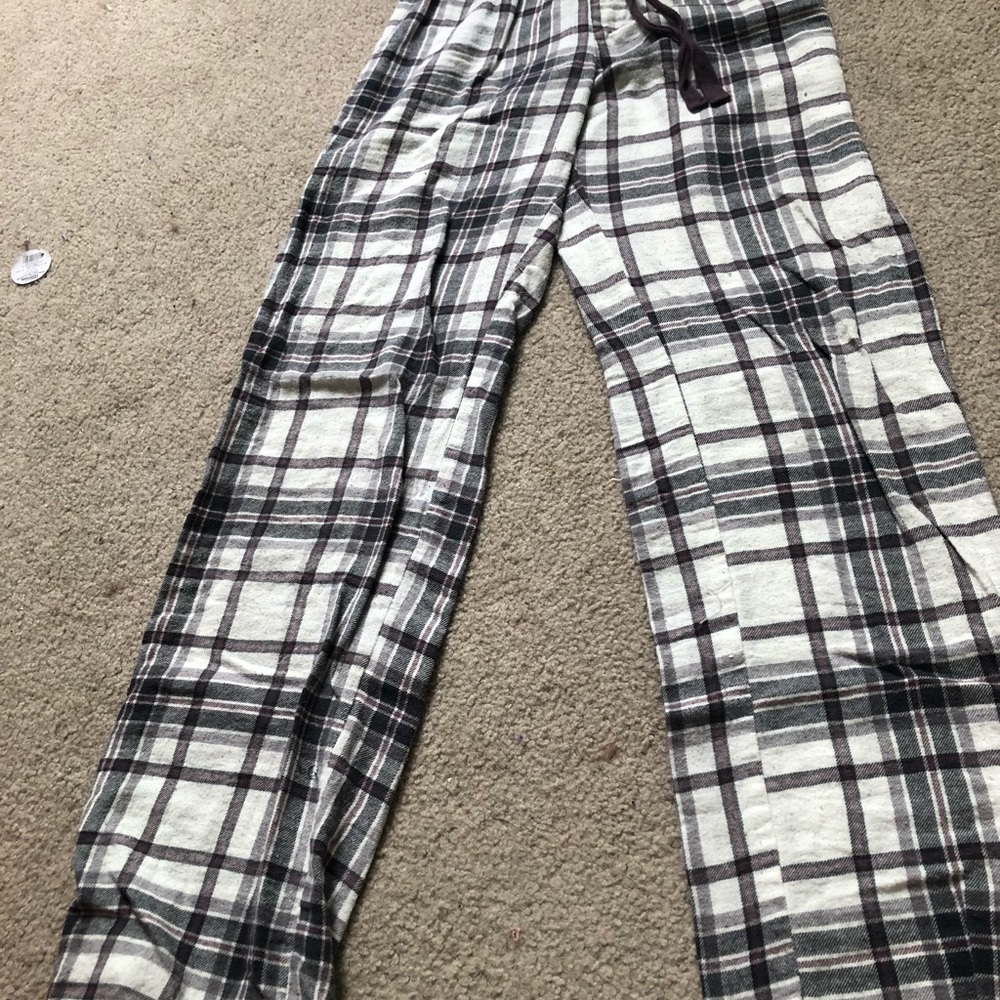 grey white and lavender plaid pajama pants